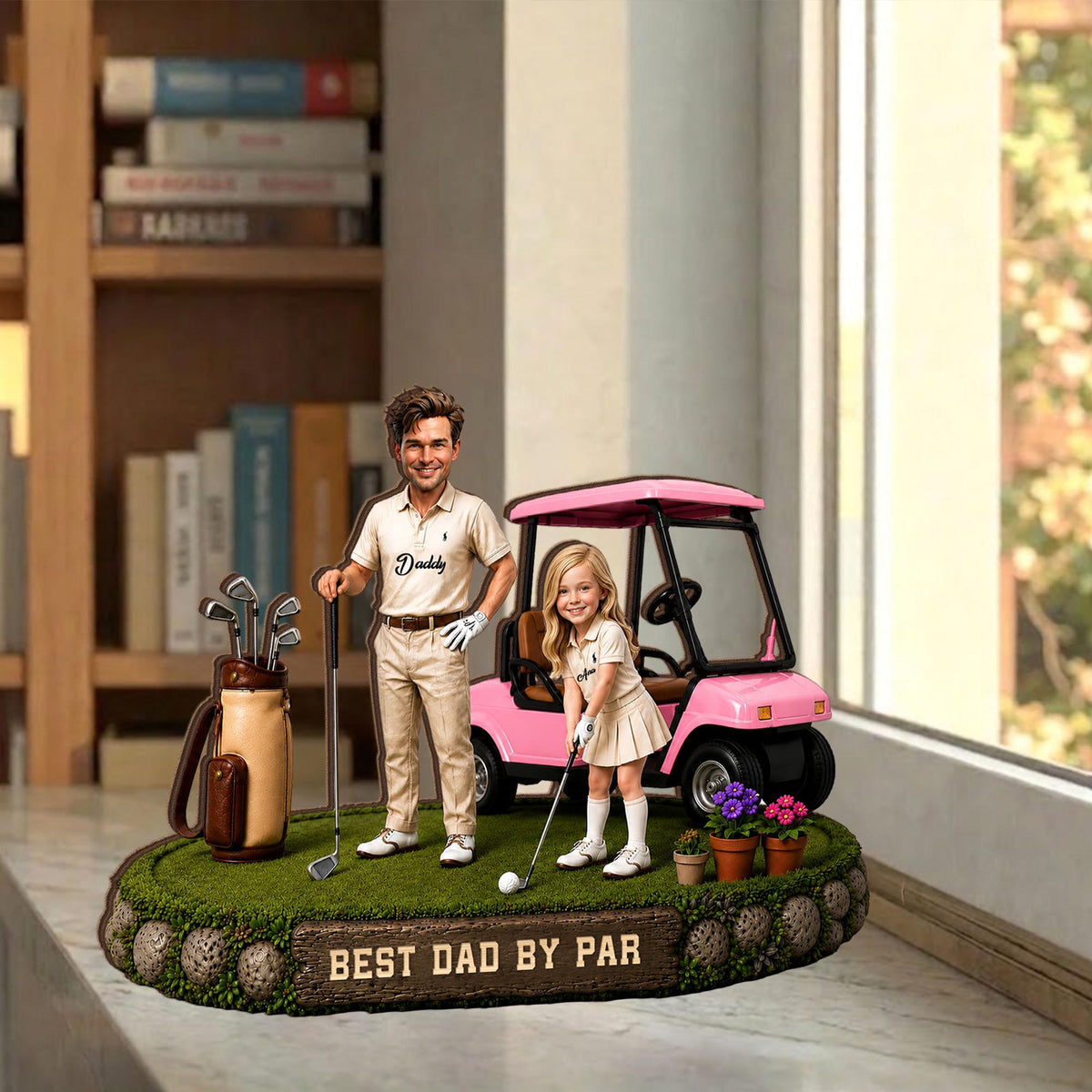 May include: A decorative golf-themed figurine featuring a man and a girl with a pink golf cart. The man wears a polo shirt with "Daddy" on it. The base has the text "BEST DAD BY PAR". A golf bag and potted flowers are also present.