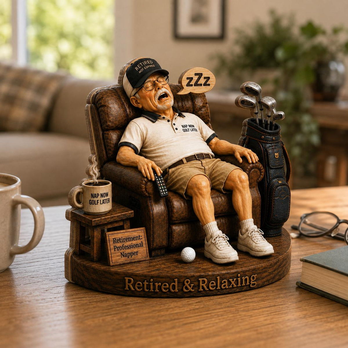 May include: A figurine of an older person sleeping in a brown recliner, wearing a cap that says RETIRED, a shirt saying NAP NOW GOLF LATER, and shorts. A golf bag, a mug saying NAP NOW GOLF LATER, a sign saying Retirement: Professional Napper, and text Retired & Relaxing.