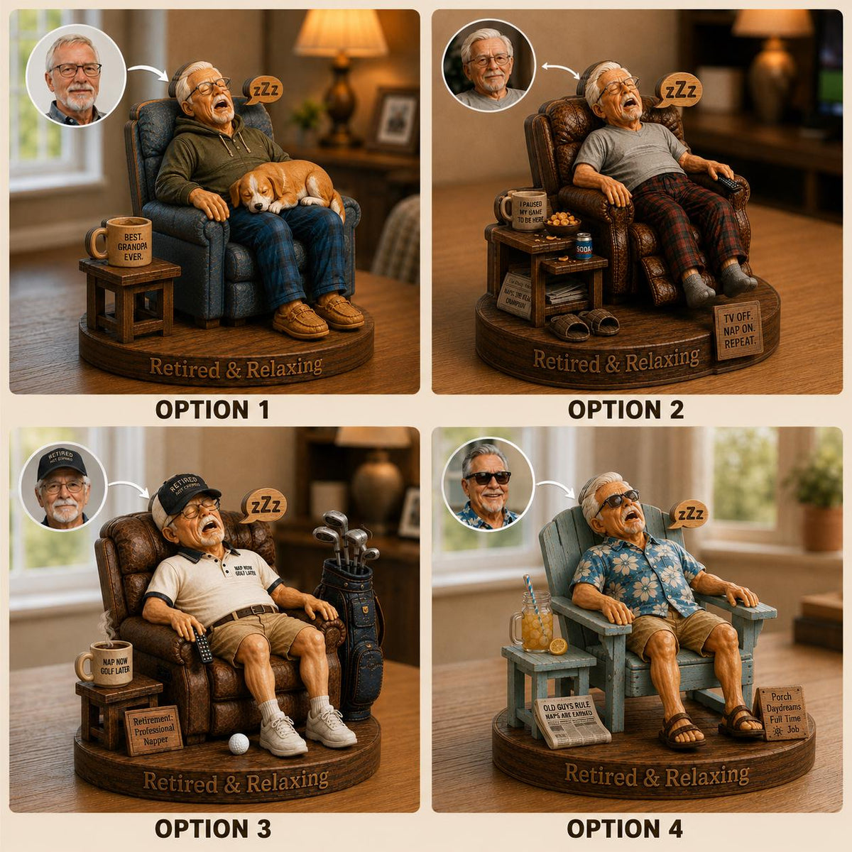 May include: A set of four figurines depicting older individuals relaxing in chairs. Each base is labeled "Retired & Relaxing" and features accessories like mugs, newspapers, golf clubs, and pets, with "zzz" speech bubbles above the sleeping figures.