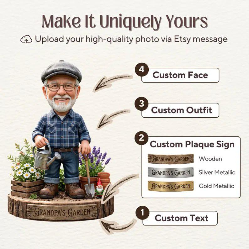 May include: A custom figurine of an older person with a beard, wearing a plaid shirt, jeans, and a cap, holding a watering can and shovel. The base features the text "Grandpa's Garden" and options for custom faces, outfits, and plaque signs in wood, silver, or gold.
