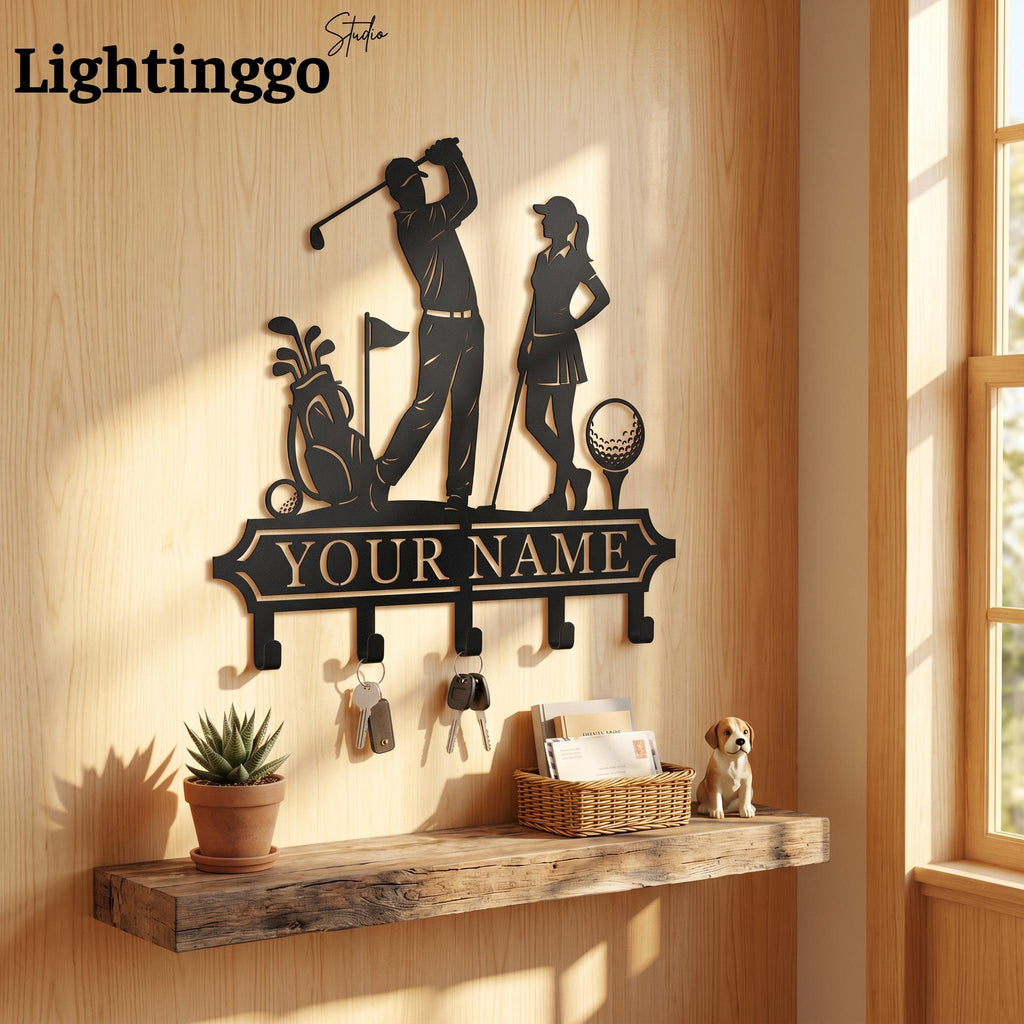 Custom Golf Couple Metal Key Holder, Sports Lover Key Hanger, Golfing Man Cave Decor
