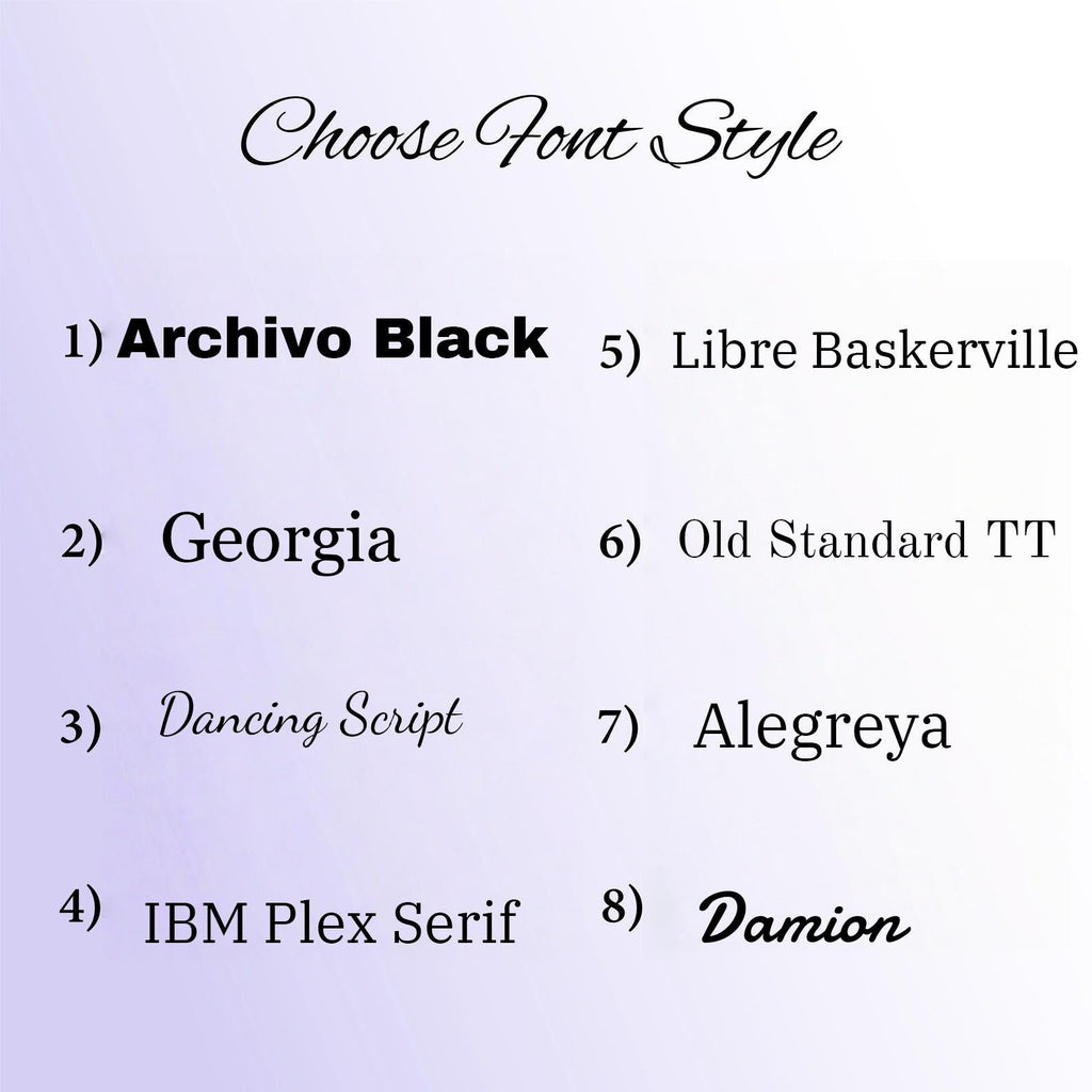 May include: A light purple background with the text "Choose Font Style" in a cursive font. Below, eight font styles are listed, numbered 1 through 8, with their names. The first font is "Archivo Black".