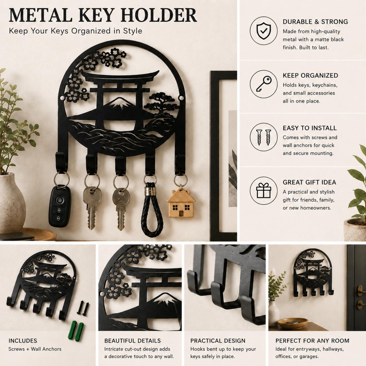 May include: A matte black metal key holder featuring a circular frame with a cut-out design of a torii gate, Mount Fuji, and cherry blossoms. The wall-mounted organizer includes five hooks for hanging keys and accessories, with mounting hardware.