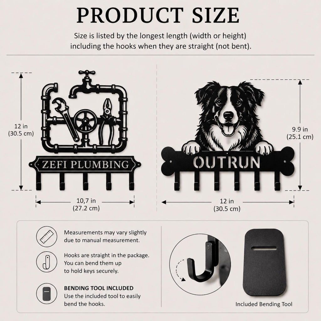 May include: Two black metal wall-mounted key holders. One features a plumbing pipe design with a wrench, pliers, and the text ZEFI PLUMBING, measuring 12 inches by 10.7 inches. The other shows a dog with the text OUTRUN, measuring 9.9 inches by 12 inches.