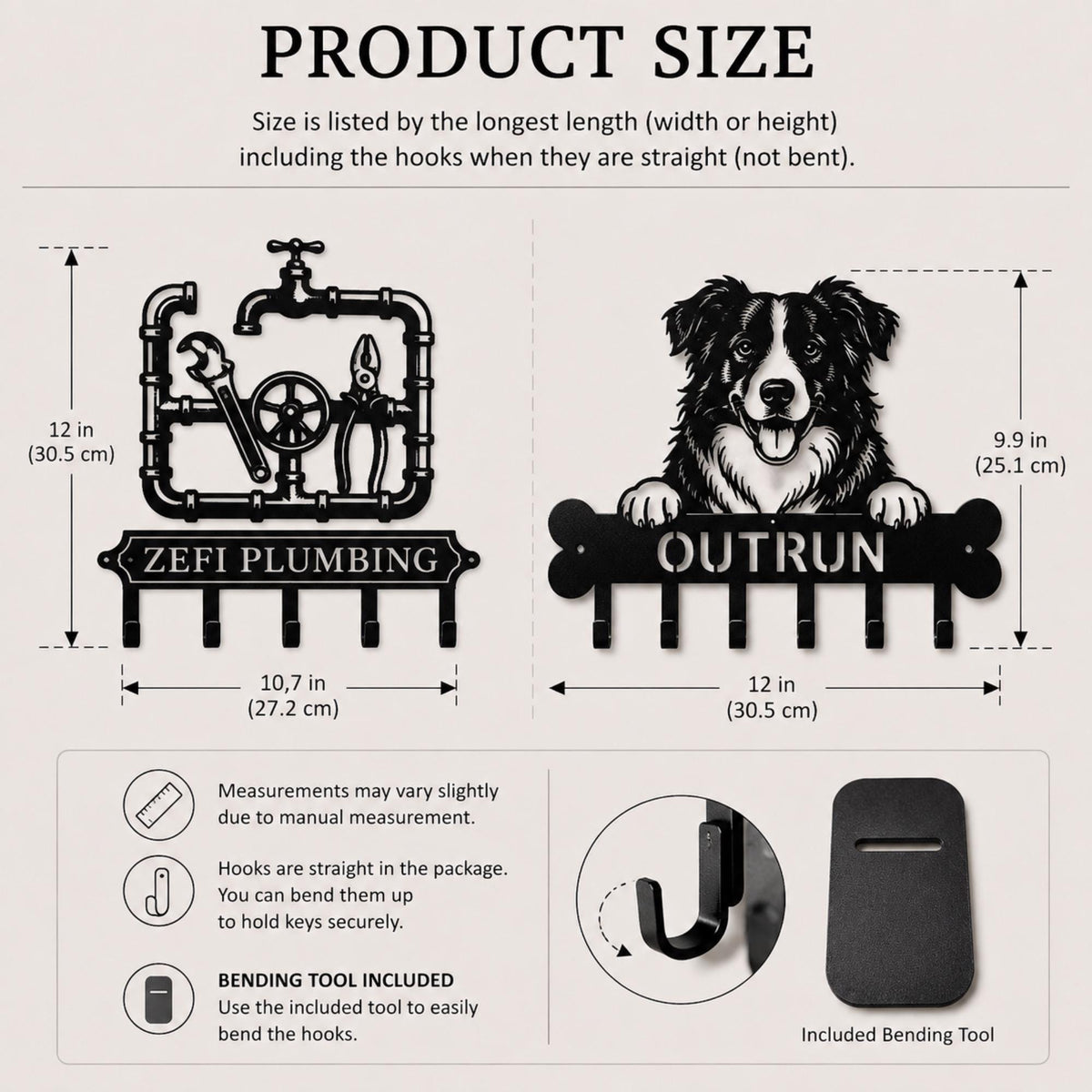 May include: Two black metal wall-mounted key holders. One features a plumbing pipe design with a wrench, pliers, and the text ZEFI PLUMBING, measuring 12 inches by 10.7 inches. The other shows a dog with the text OUTRUN, measuring 9.9 inches by 12 inches.