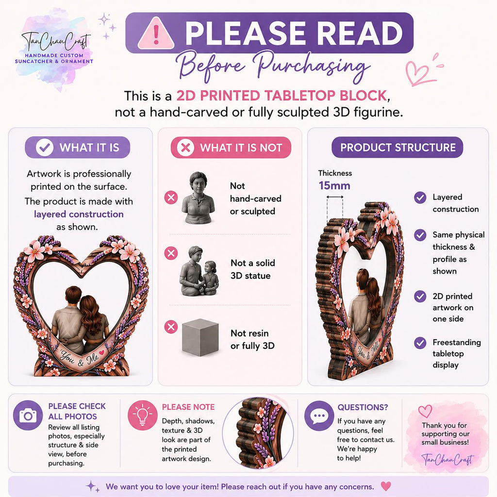 May include: An informational graphic for a 2D printed tabletop block featuring a heart-shaped frame with floral accents and a couple. The text clarifies it is not a 3D sculpture, has a 15mm thickness, and uses layered construction for display.