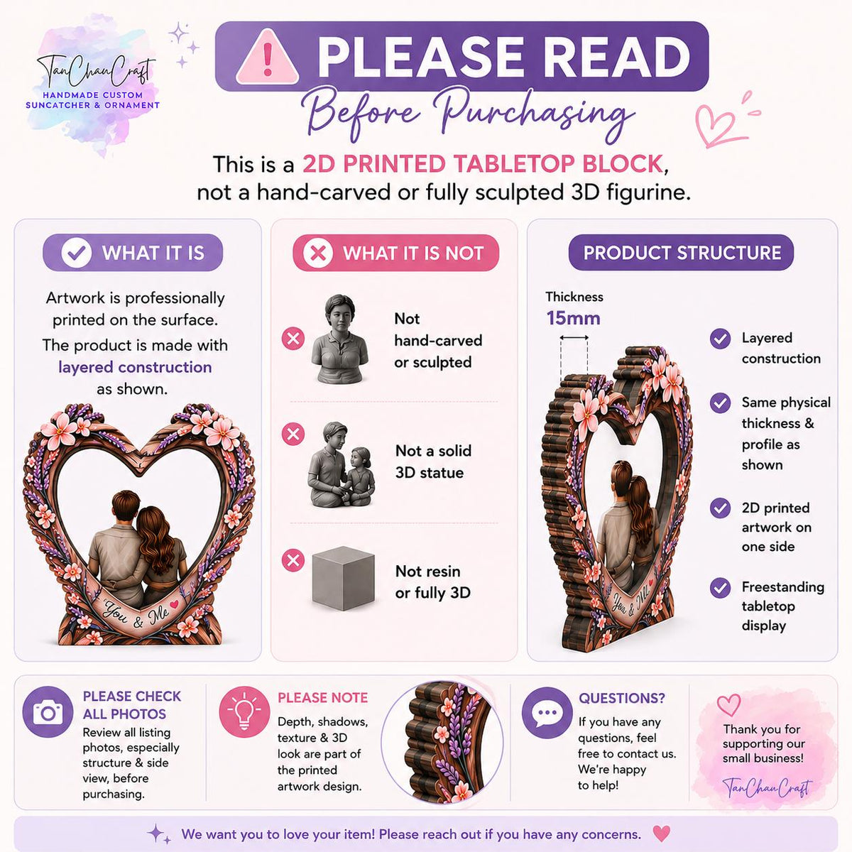 May include: An informational graphic for a 2D printed tabletop block featuring a heart-shaped frame with floral accents and a couple. The text clarifies it is not a 3D sculpture, has a 15mm thickness, and uses layered construction for display.