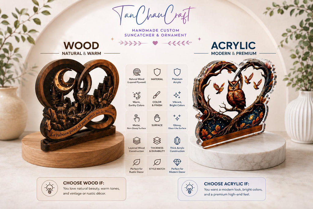May include: A comparison chart for TanChanCraft suncatchers and ornaments, featuring a layered wood wolf design on the left and a colorful acrylic owl design on the right, with a central table detailing material, color, finish, and construction differences.