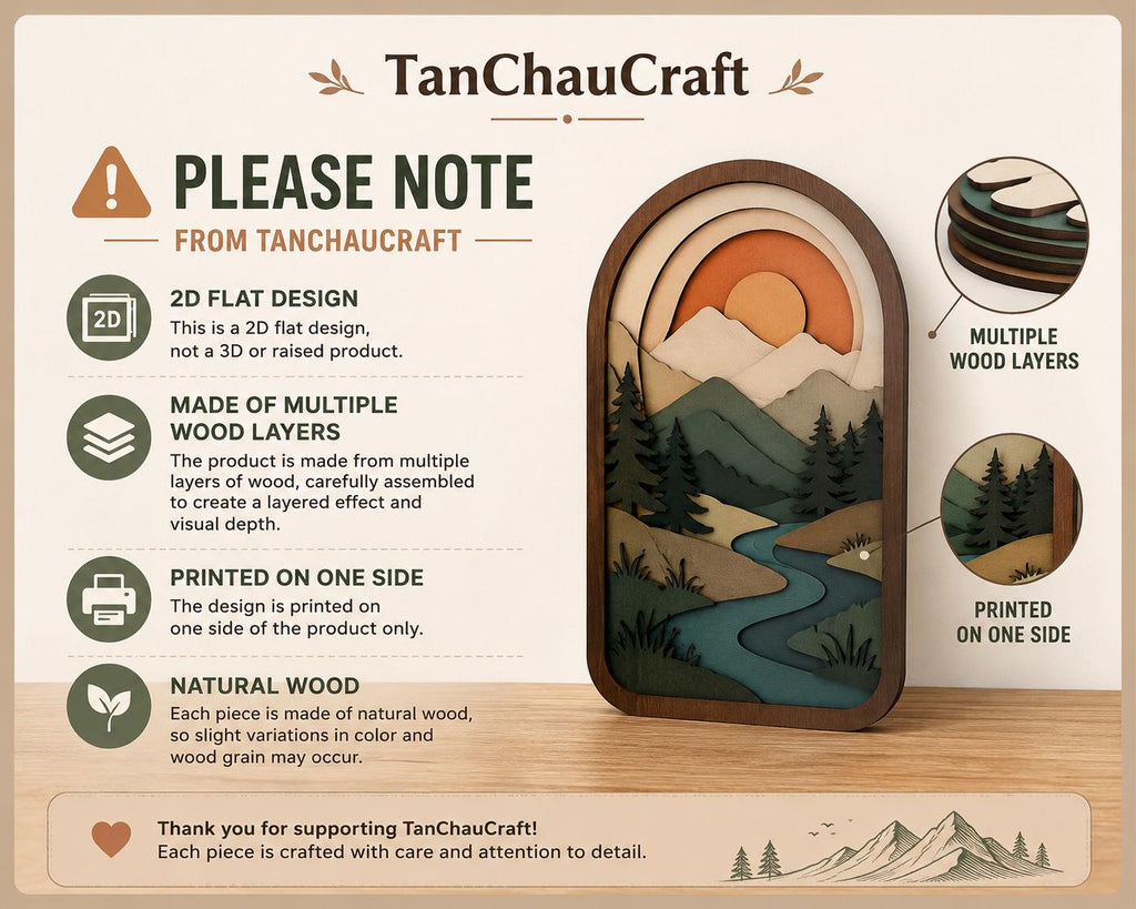 May include: An arched wooden wall art piece featuring a layered landscape design with a sun, mountains, pine trees, and a river. The text includes TanChauCraft, PLEASE NOTE, 2D FLAT DESIGN, MADE OF MULTIPLE WOOD LAYERS, PRINTED ON ONE SIDE, and NATURAL WOOD.