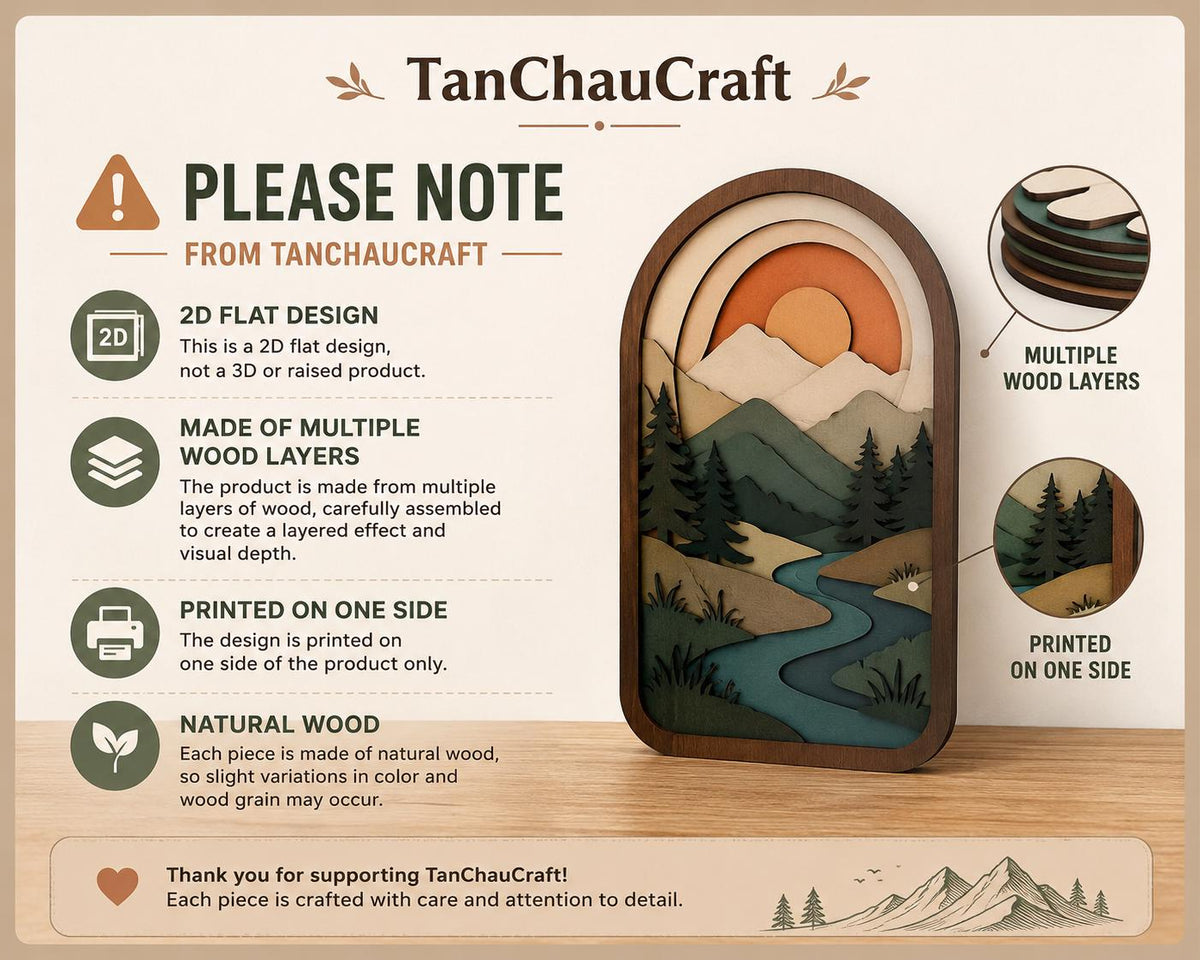 May include: An arched wooden wall art piece featuring a layered landscape design with a sun, mountains, pine trees, and a river. The text includes TanChauCraft, PLEASE NOTE, 2D FLAT DESIGN, MADE OF MULTIPLE WOOD LAYERS, PRINTED ON ONE SIDE, and NATURAL WOOD.