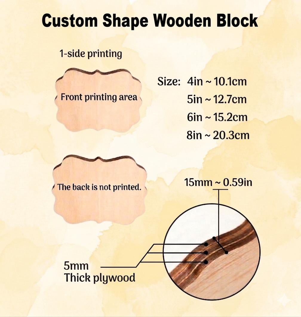May include: A custom shape wooden block with 1-side printing. The front printing area is shown alongside a back that is not printed. Available sizes include 4in, 5in, 6in, and 8in. The material is 5mm thick plywood, which is 0.59in thick.