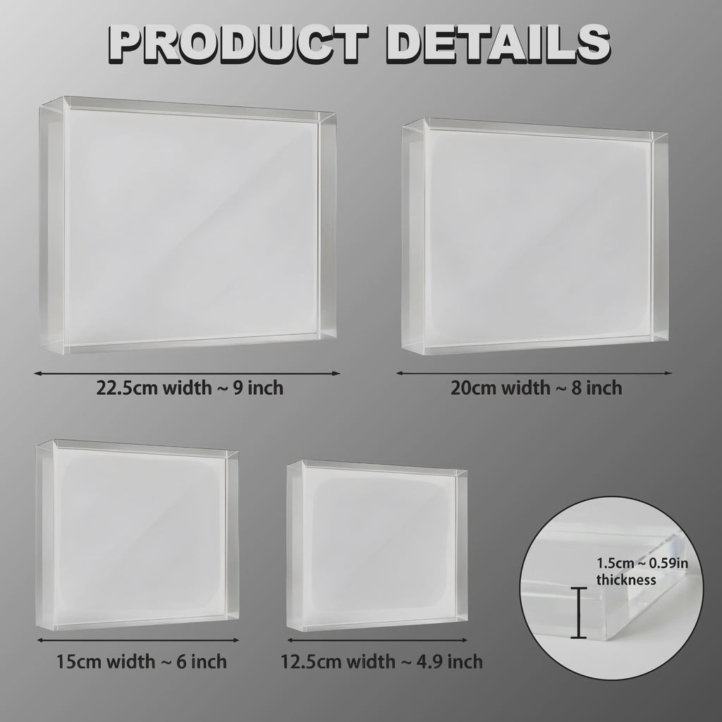 May include: Four clear rectangular acrylic blocks labeled PRODUCT DETAILS. Sizes include 9 inches, 8 inches, 6 inches, and 4.9 inches in width. A circular inset shows a side view with a thickness of 0.59 inches. The blocks are transparent.