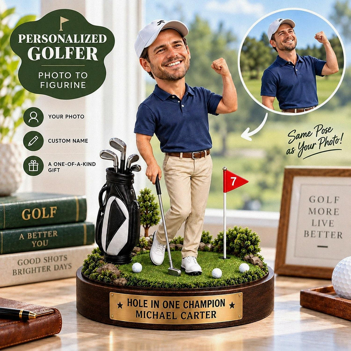 May include: A custom figurine of a golfer wearing a white cap, navy blue polo shirt, and khaki pants, standing on a circular base with a golf bag, clubs, and a red flag. The base features a gold plaque reading HOLE IN ONE CHAMPION MICHAEL CARTER.