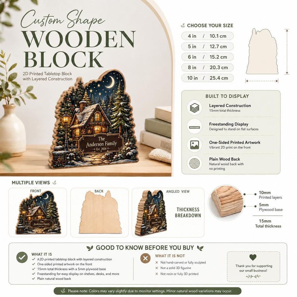 May include: A custom shape wooden block featuring a 2D printed winter cabin scene with a crescent moon, pine trees, and the text The Anderson Family Est. 2024. The block has a 15mm total thickness, a layered construction, and a plain wood back.