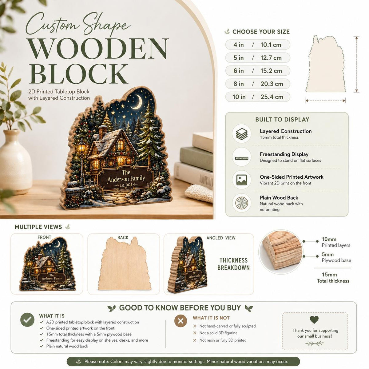 May include: A custom shape wooden block featuring a 2D printed winter cabin scene with a crescent moon, pine trees, and the text The Anderson Family Est. 2024. The block has a 15mm total thickness, a layered construction, and a plain wood back.
