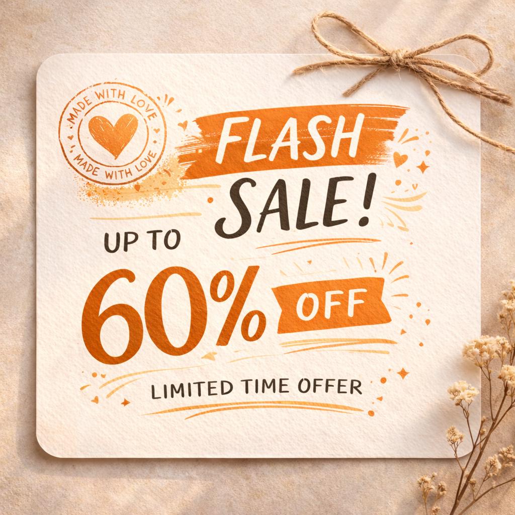 May include: A square off-white card with rounded corners featuring orange and dark brown text that reads FLASH SALE! UP TO 60% OFF LIMITED TIME OFFER. A circular stamp says MADE WITH LOVE with a heart icon. A brown twine bow is tied at the top right corner.