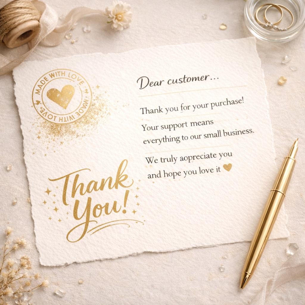 May include: A cream-colored card with deckled edges featuring gold foil text that reads Dear customer, Thank you for your purchase, Your support means everything to our small business, We truly appreciate you and hope you love it, and Thank You.
