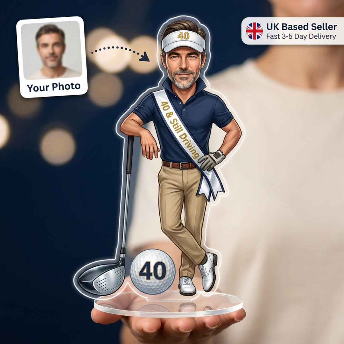 Standee held in hand — clearly shows scale, print quality, and illustration detail. "Your Photo" arrow graphic pointing to the caricature face. UK Based Seller badge top right. (This is the supplied product photo.)