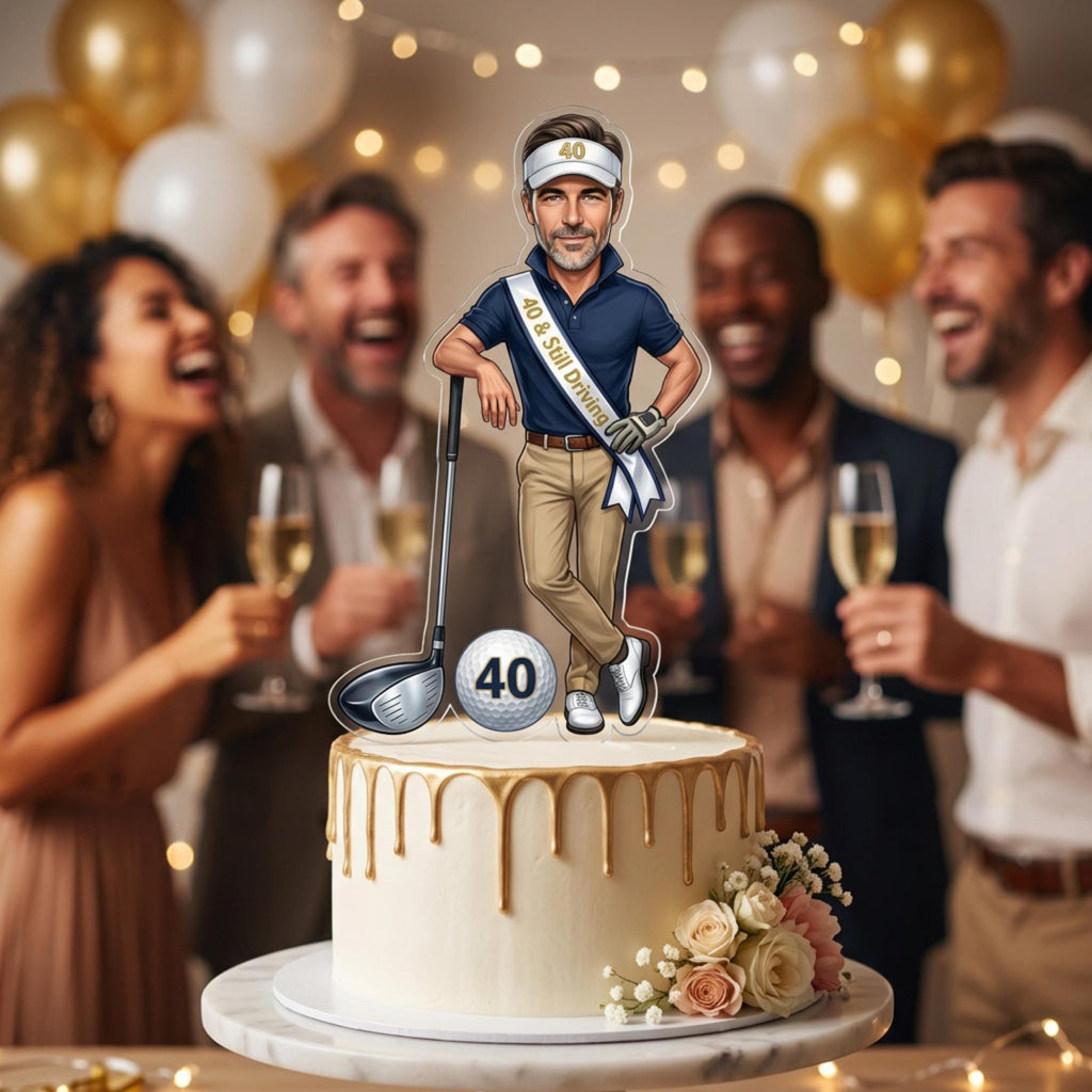 Caricature as a cake topper on a golf-themed birthday cake (green icing, tee and ball decorations) — immediately communicates the cake topper format and birthday occasion