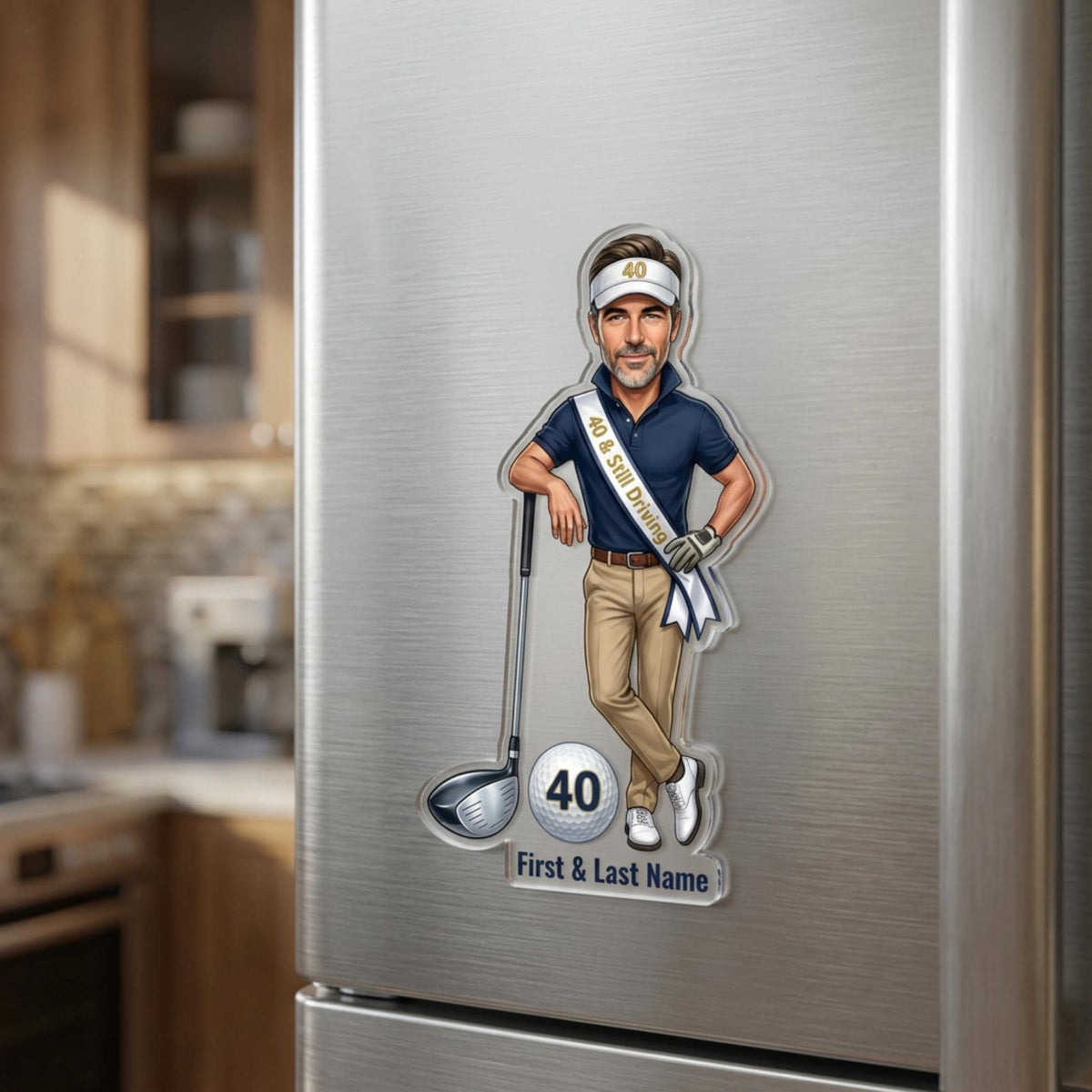 Side-by-side of all four formats (fridge magnet / ornament / cake topper / standee) to show the full range available in one listing.