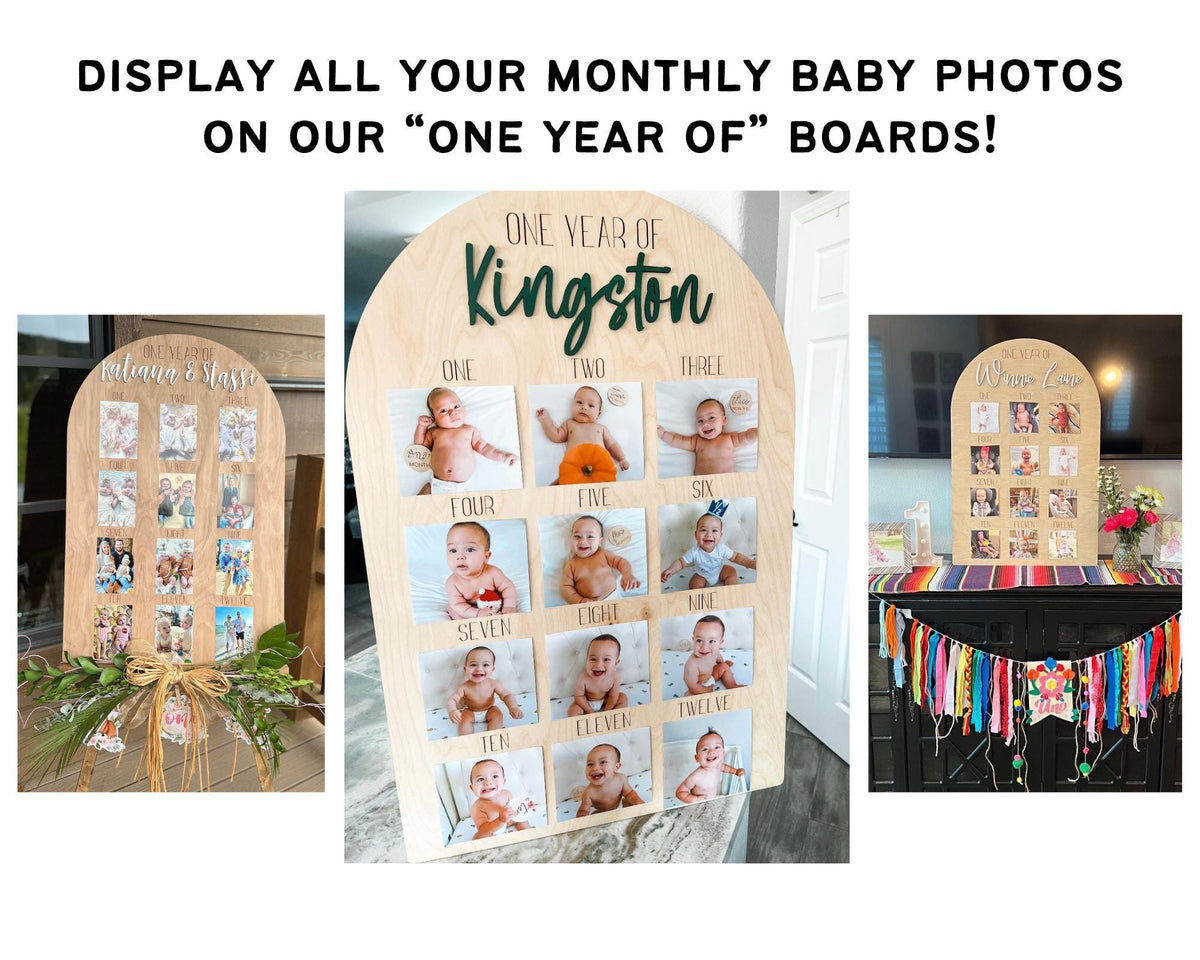 May include: Three wooden boards with a white background and a brown arch shape. Each board has a different name at the top, "Kingston", "Victoria & Silas", and "Whoo Luv". Each board has a grid of 12 squares with a photo in each square. The photos are of a baby at different ages.