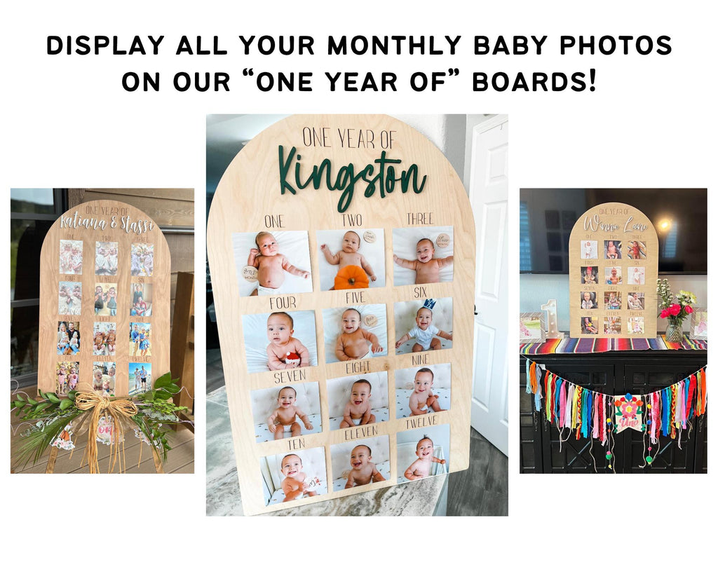 May include: Three wooden boards with a white background and a brown arch shape. Each board has a different name at the top, "Kingston", "Victoria & Silas", and "Whoo Luv". Each board has a grid of 12 squares with a photo in each square. The photos are of a baby at different ages.