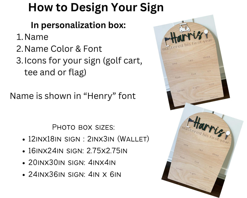 May include: A wooden sign with a golf cart and golf ball design. The sign says "Harris mastered his first year". The sign is available in various sizes, including 12x18 inches, 16x24 inches, 20x30 inches, and 24x36 inches.