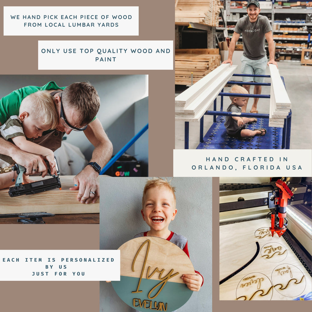 May include: A collage of images showcasing the process of creating personalized wooden signs. The images show a man and child working on a sign, a laser cutter engraving a design, and a finished sign with the name "Ivy Evelyn" in a teal and wood color scheme. The text "Hand Crafted in Orlando, Florida USA" is also visible.