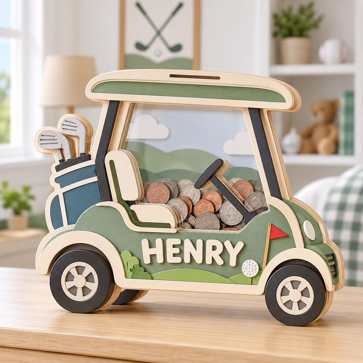 May include: A wooden golf cart shaped piggy bank with a clear front panel filled with assorted coins. The cart is painted in shades of green, cream, and dark blue, featuring the name HENRY in white letters, a golf bag with clubs, and a red flag.