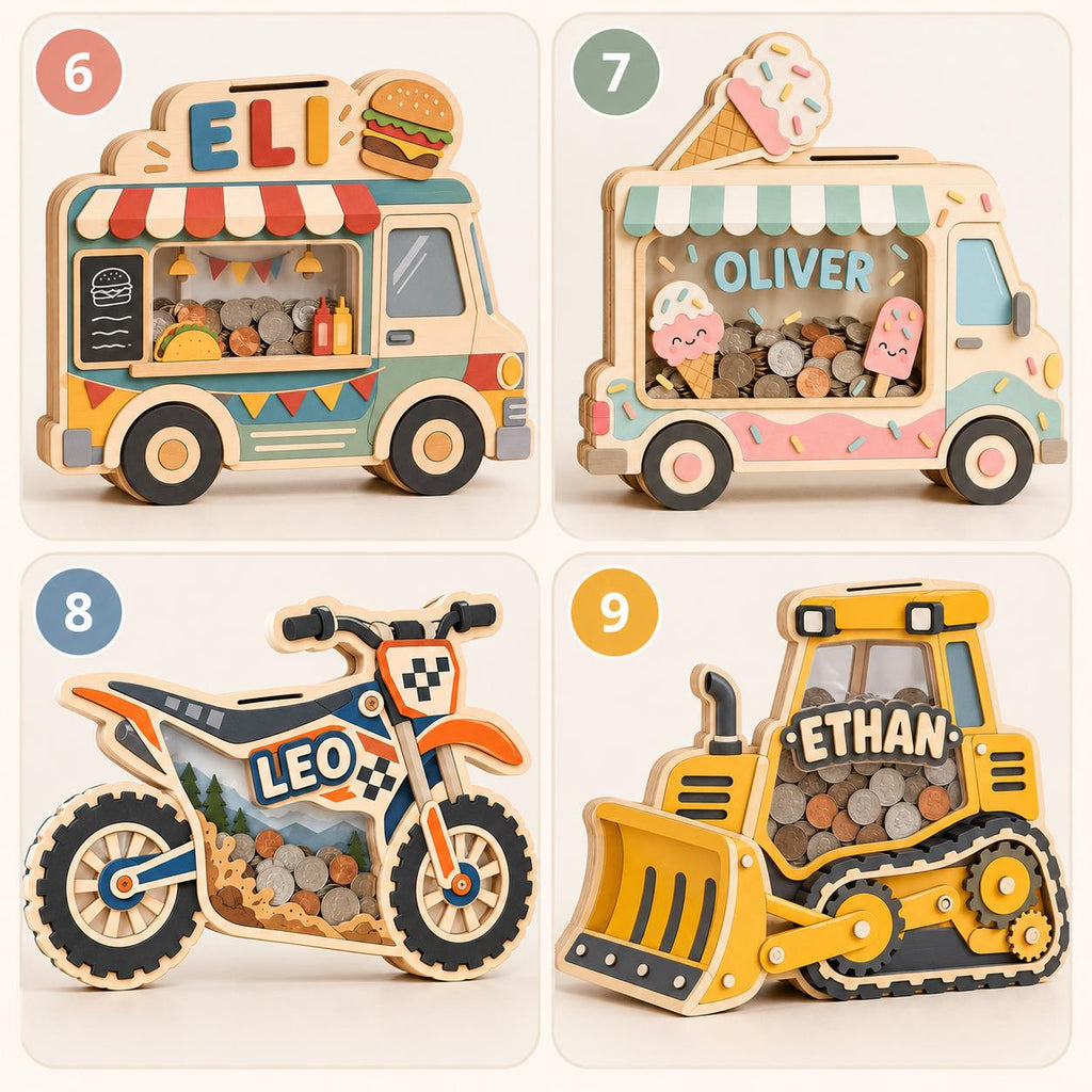May include: Four wooden piggy banks shaped like vehicles: a food truck labeled ELI, an ice cream truck labeled OLIVER, a motorcycle labeled LEO, and a bulldozer labeled ETHAN. Each features a clear front panel filled with assorted metal coins.