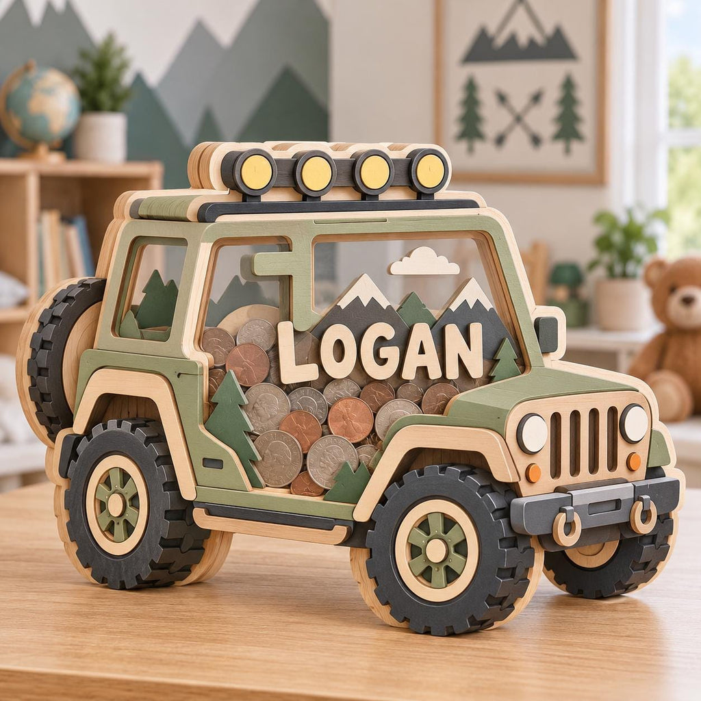 May include: A wooden piggy bank shaped like an off-road vehicle, featuring a clear side panel filled with coins. The vehicle is painted in shades of olive green, tan, and black, with the name LOGAN in raised letters and a roof rack with four lights.