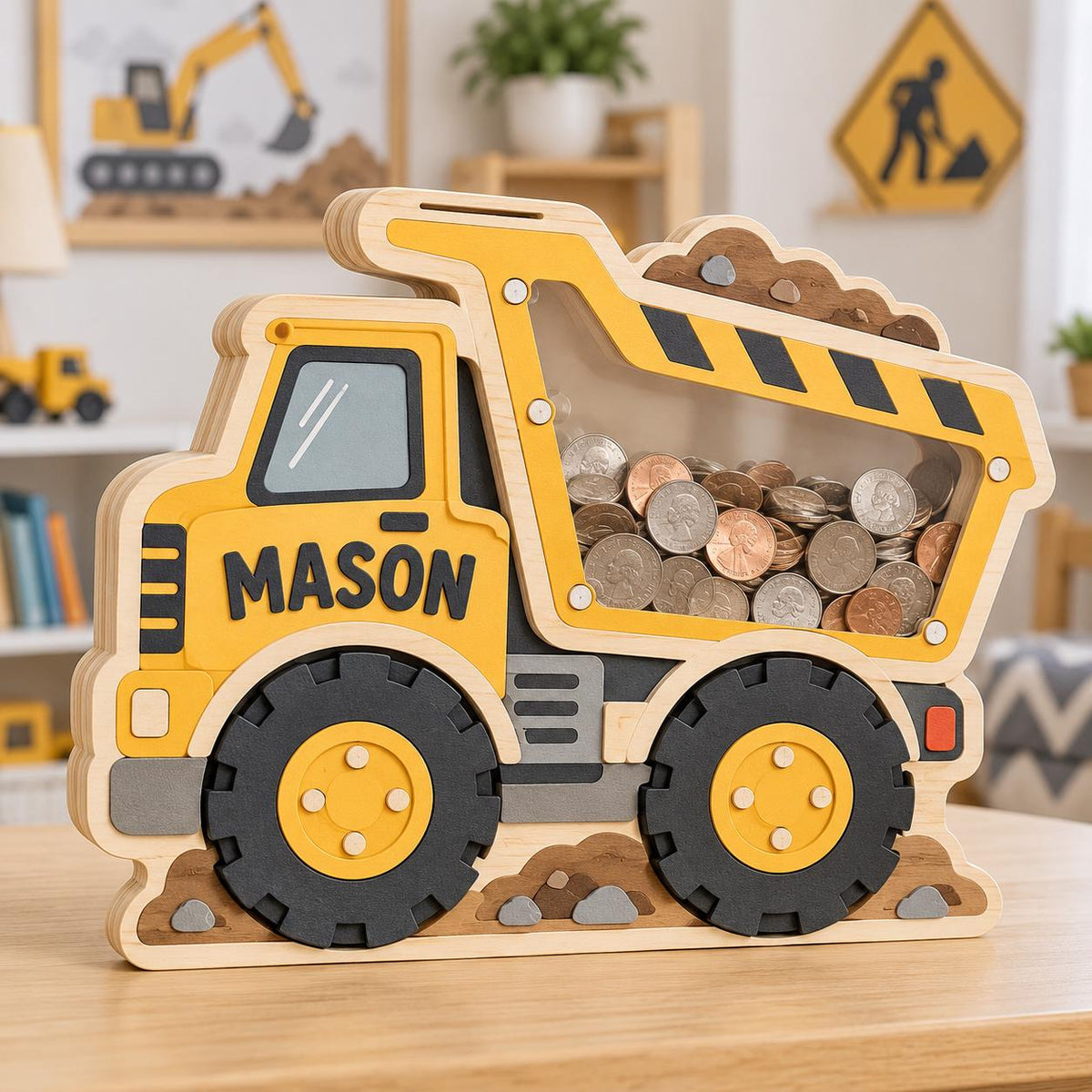 May include: A wooden dump truck shaped piggy bank with a clear acrylic panel in the bed filled with coins. The truck is painted yellow, black, and grey, featuring the name MASON in black letters on the side and a slot for coins on the top.