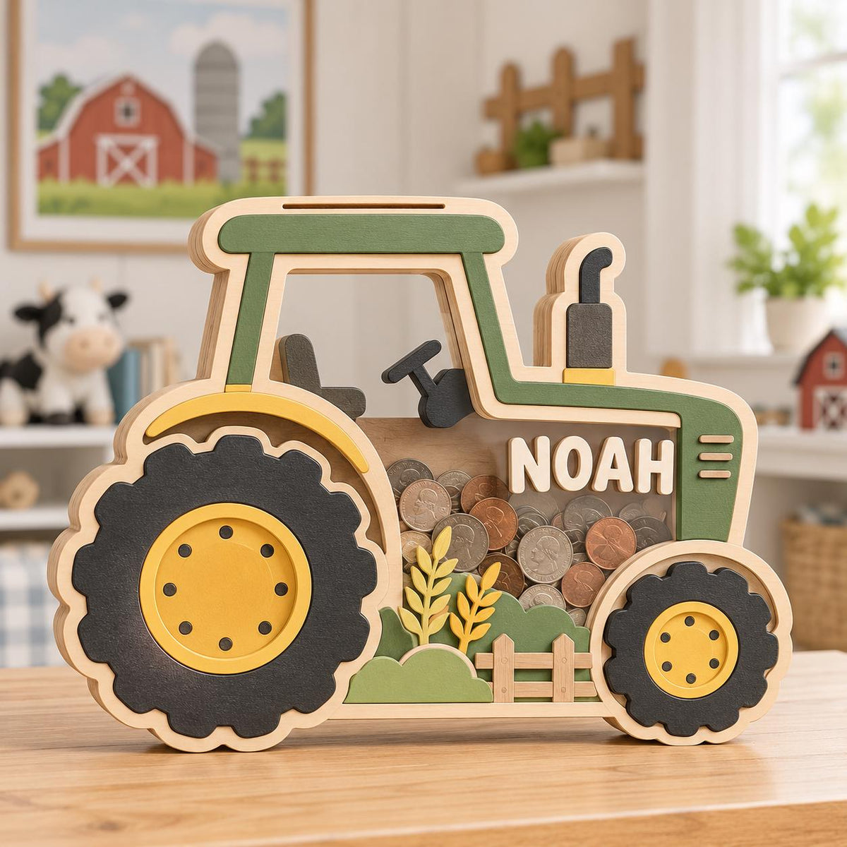May include: A wooden tractor-shaped piggy bank with a clear front panel, featuring the name NOAH in white letters. The design includes green, yellow, and black accents, with a small fence and wheat stalks at the base. It is filled with various coins.