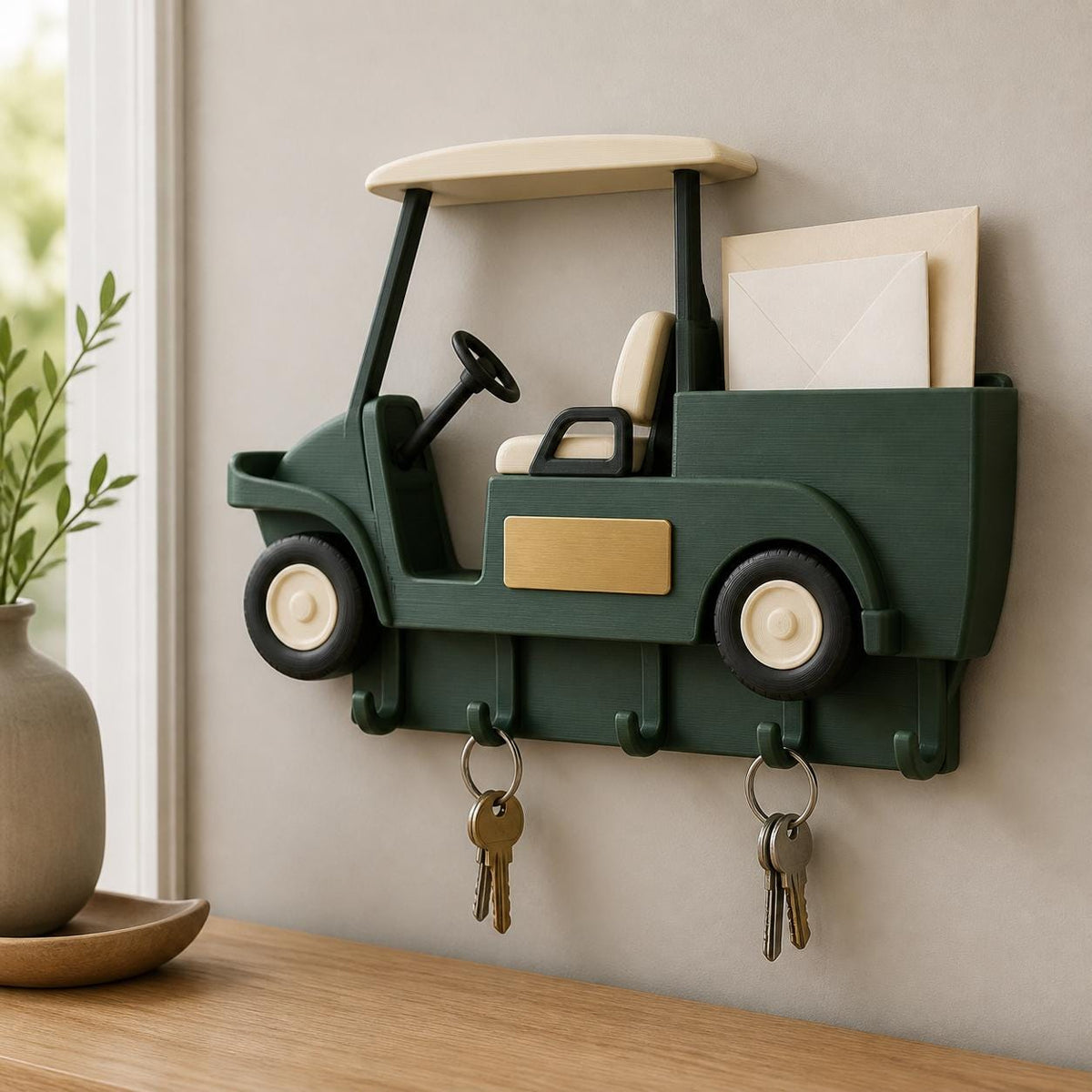 May include: A wall-mounted dark green golf cart organizer featuring a cream-colored roof and seat, a black steering wheel, and a rear compartment holding envelopes. The base includes five black hooks, with two sets of metal keys hanging from them.