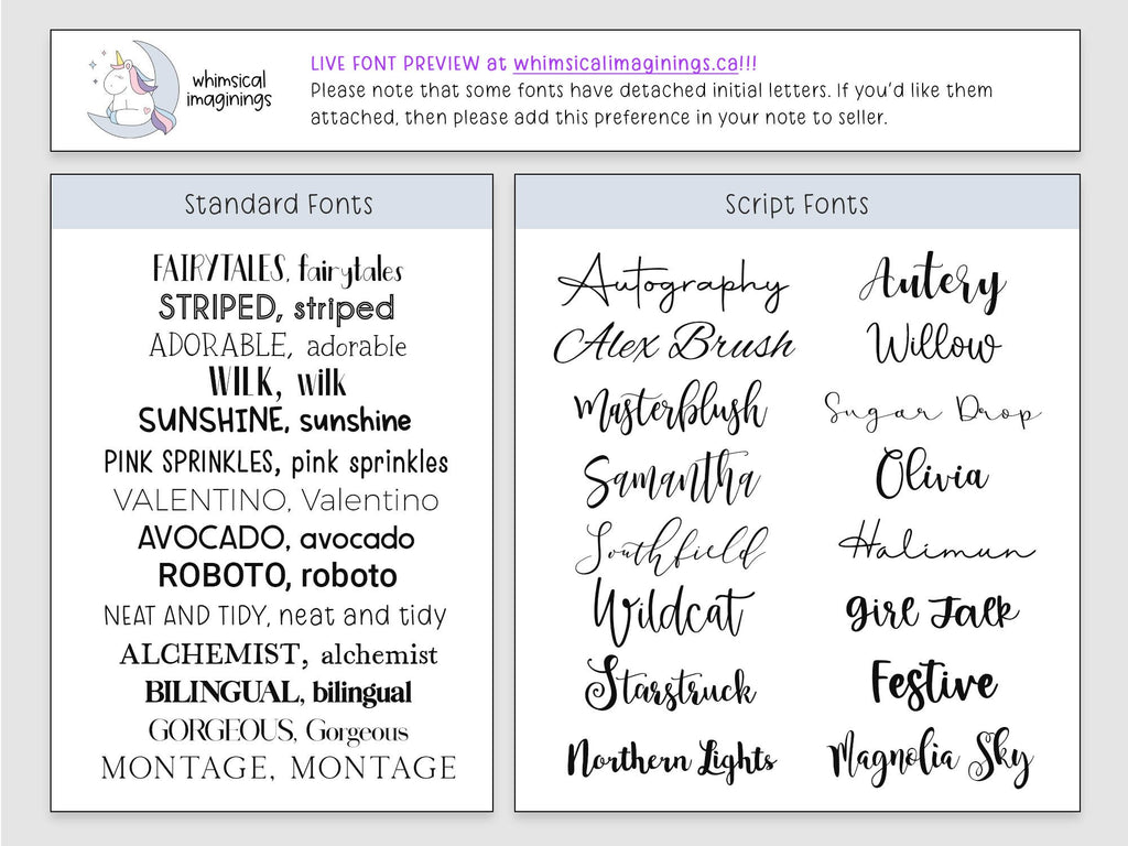 May include: A font selection chart featuring two columns labeled Standard Fonts and Script Fonts. The chart displays various black typeface styles with corresponding names like Autography, Alex Brush, and Roboto. A header includes the text whimsical imaginings and a live font preview URL.