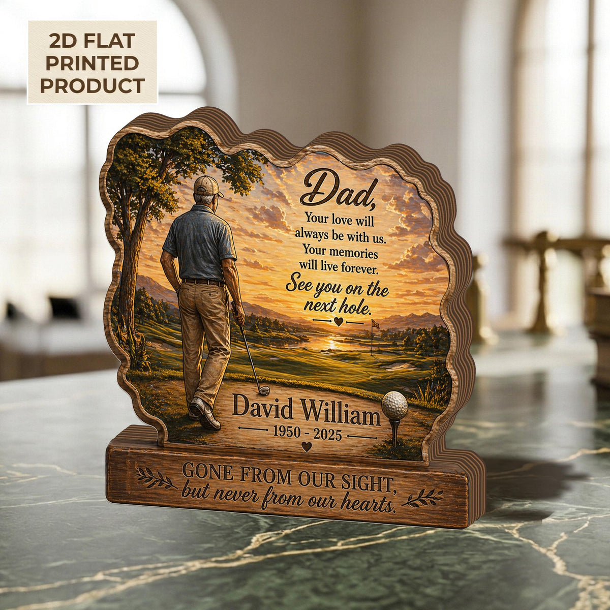 Golf Memorial 2D FLAT Wooden Block for Dad,Personalized Golfer Tribute Sign,Sympathy Gift, Loss of Father Keepsake, Rustic Remembrance Decor