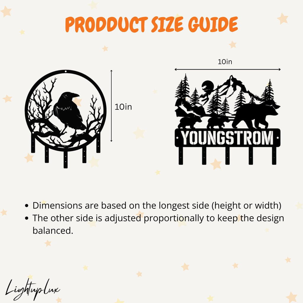 May include: Black metal wall art with a raven perched on a branch within a circular frame, and a mountain scene with bears. Each design is 10 inches in size. The text "PRODDUCT SIZE GUIDE" is at the top.