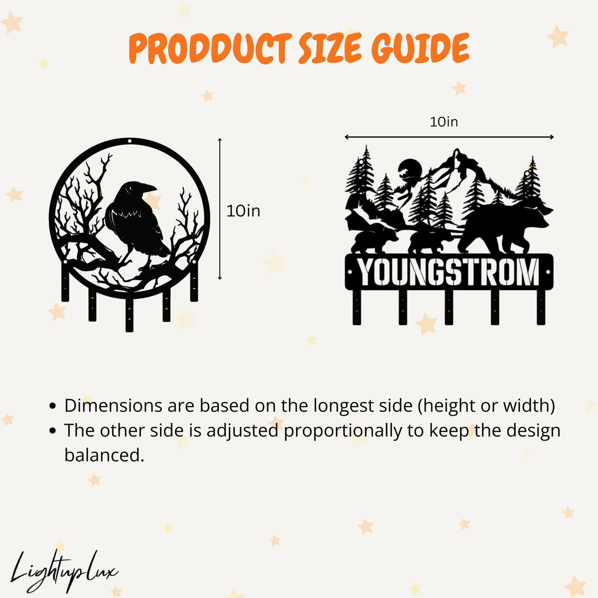 May include: Black metal wall art with a raven perched on a branch within a circular frame, and a mountain scene with bears. Each design is 10 inches in size. The text "PRODDUCT SIZE GUIDE" is at the top.