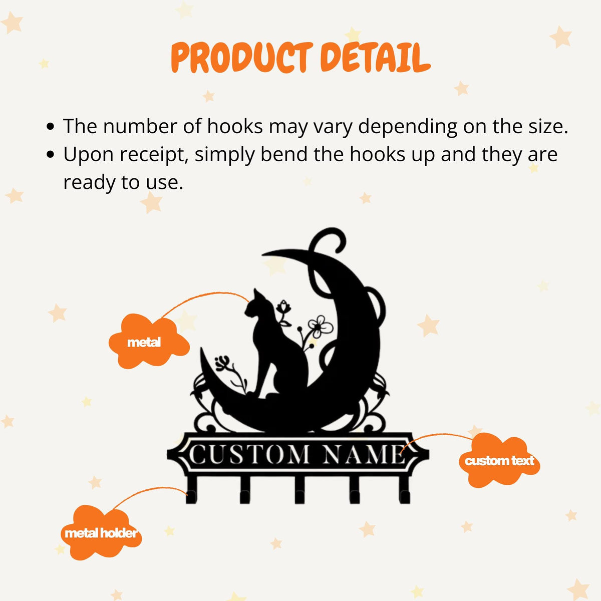 May include: Black metal wall-mounted key holder featuring a cat silhouette on a crescent moon with floral accents. The key holder has hooks below and space for a custom name. The text "PRODUCT DETAIL" is at the top.