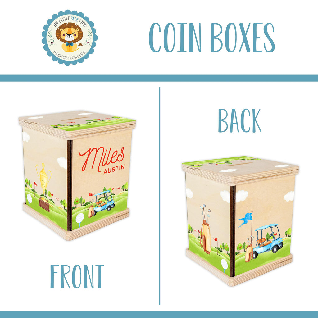 May include: A wooden coin box with a golf theme. The front of the box features a golf cart, a golf bag, and a trophy. The back of the box features a golf cart and a golf bag. The box is personalized with the name "Miles Austin".