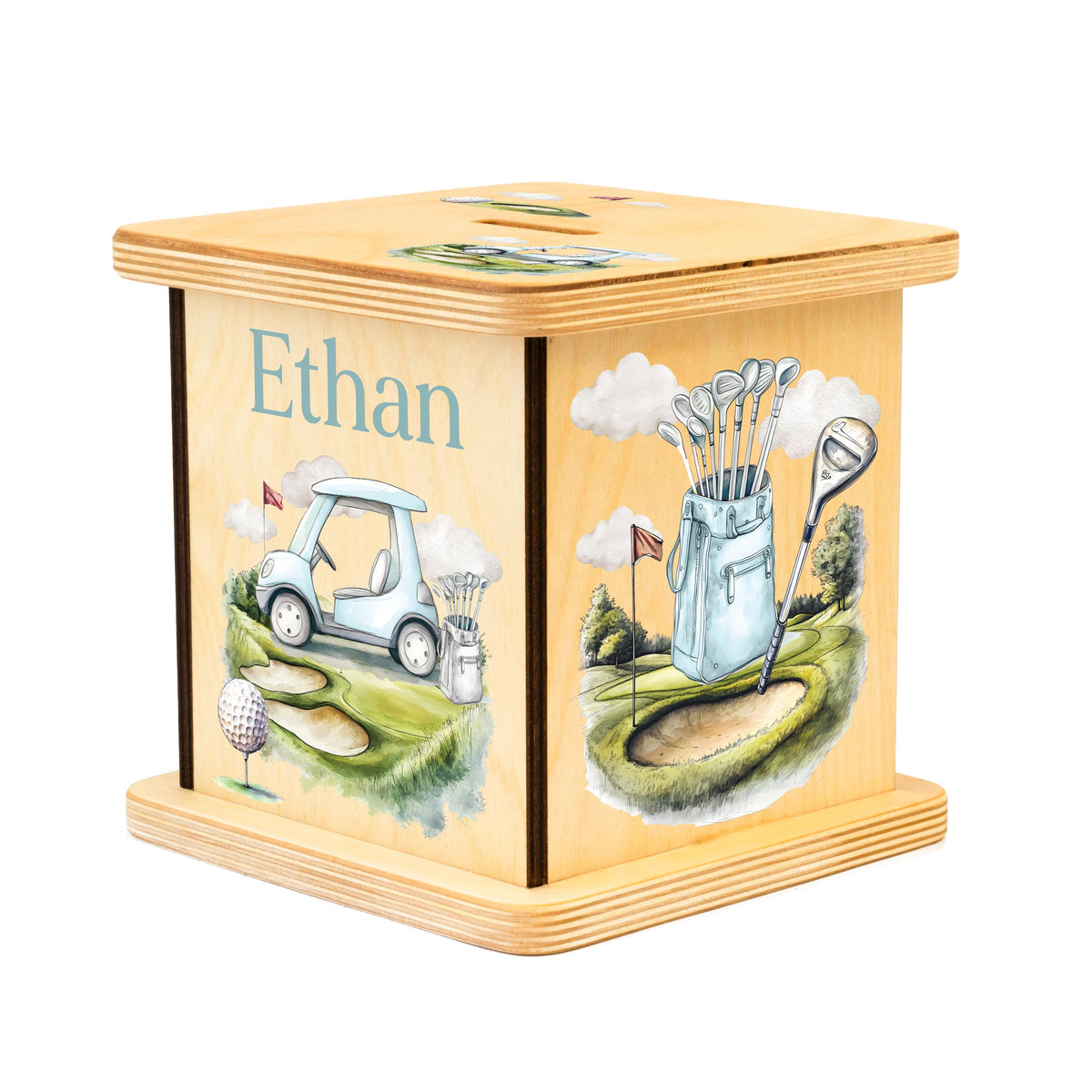 a wooden box with a golf scene painted on it