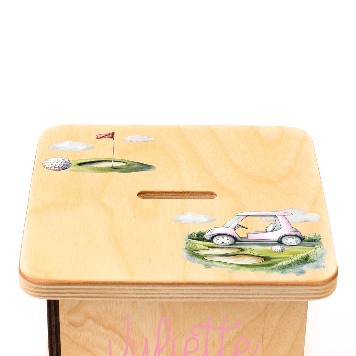 a wooden box with a picture of a car on it