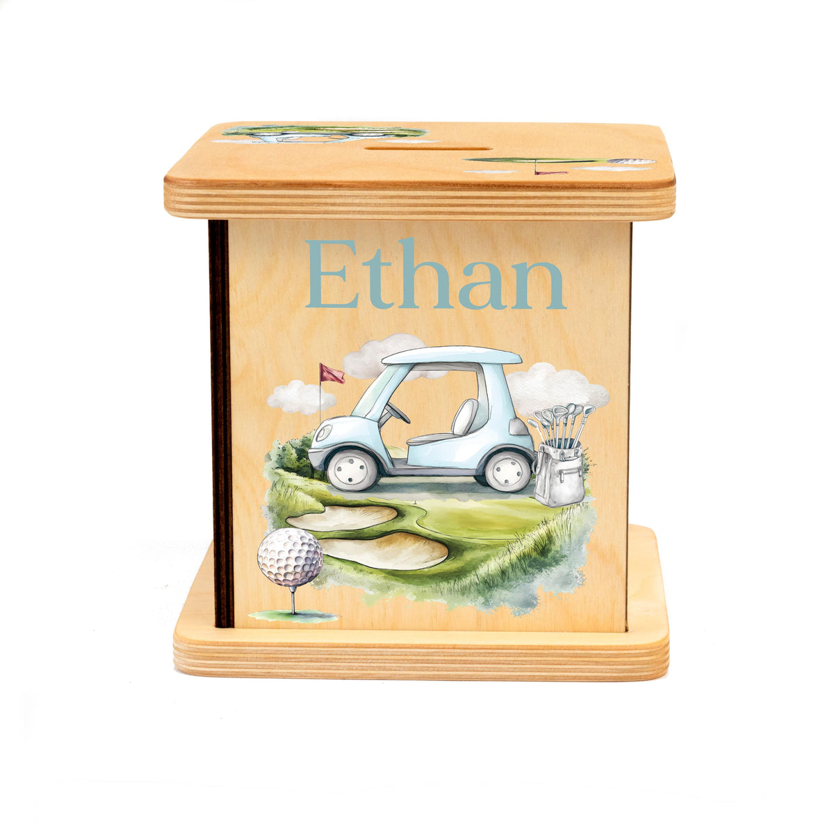 a wooden box with a picture of a golf cart on it