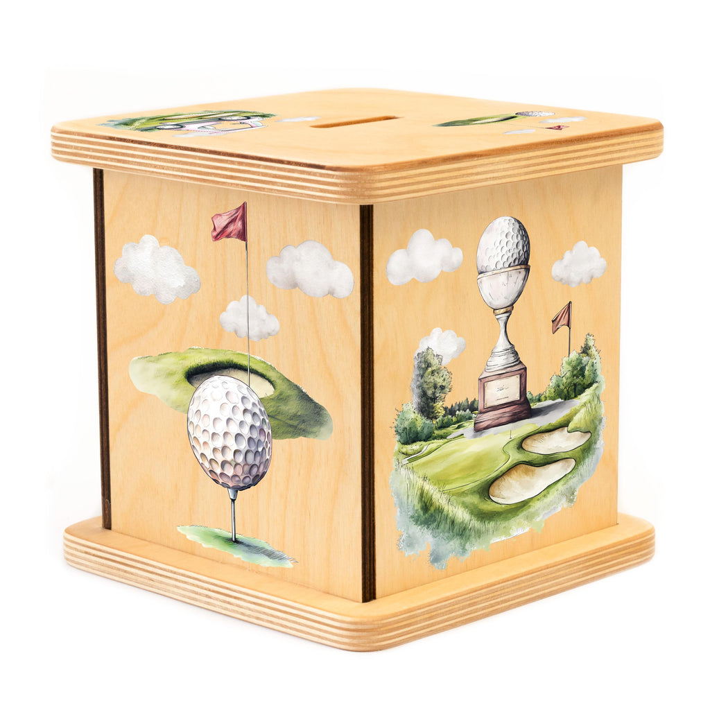 a wooden box with a golf scene painted on it