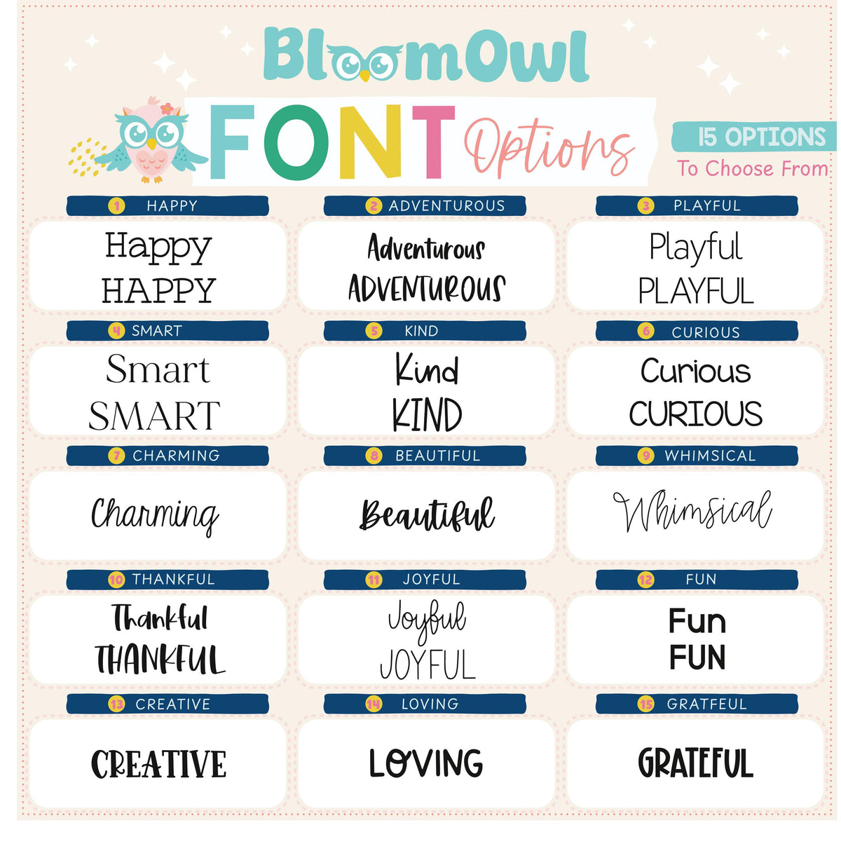 a printable font chart with the words bloomow font options