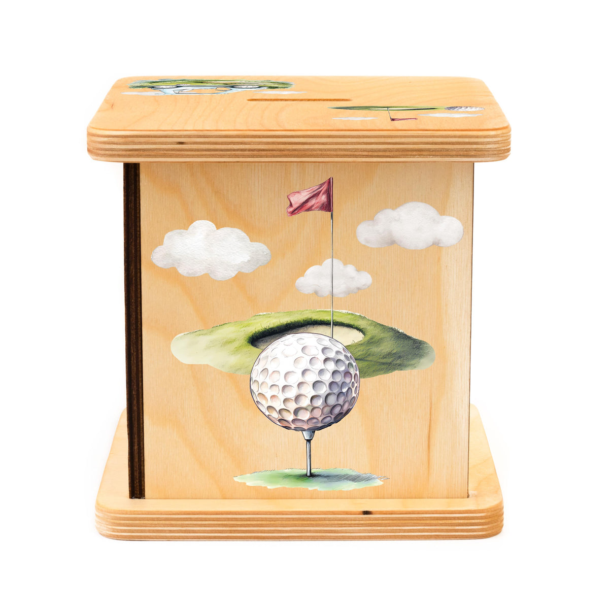 a wooden box with a painting of a golf ball on it