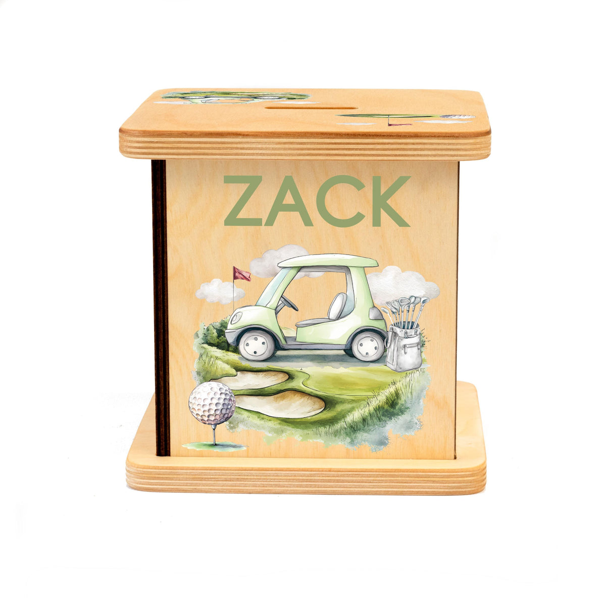 A wooden box with a golf-themed design, featuring a golf cart, golf clubs, and a golf ball.