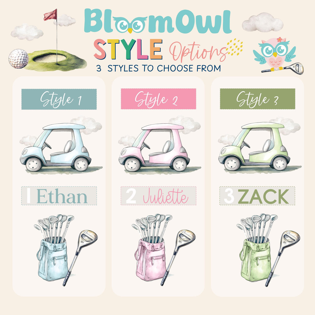 The image is a colorful illustration featuring golf-related elements, including golf clubs, a golf cart, and a flag. It appears to be a collage of three separate images, each depicting a different golf-related scene.
