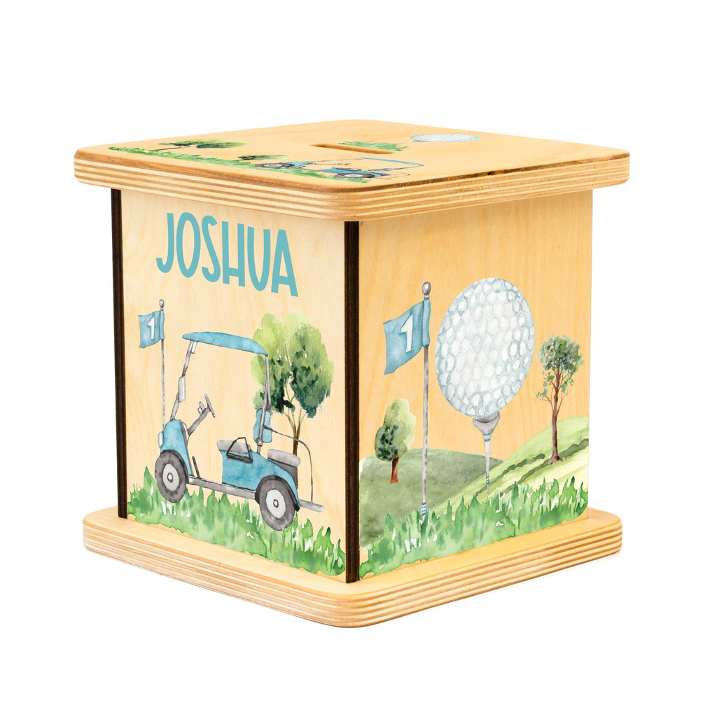 a wooden box with a golf theme painted on it