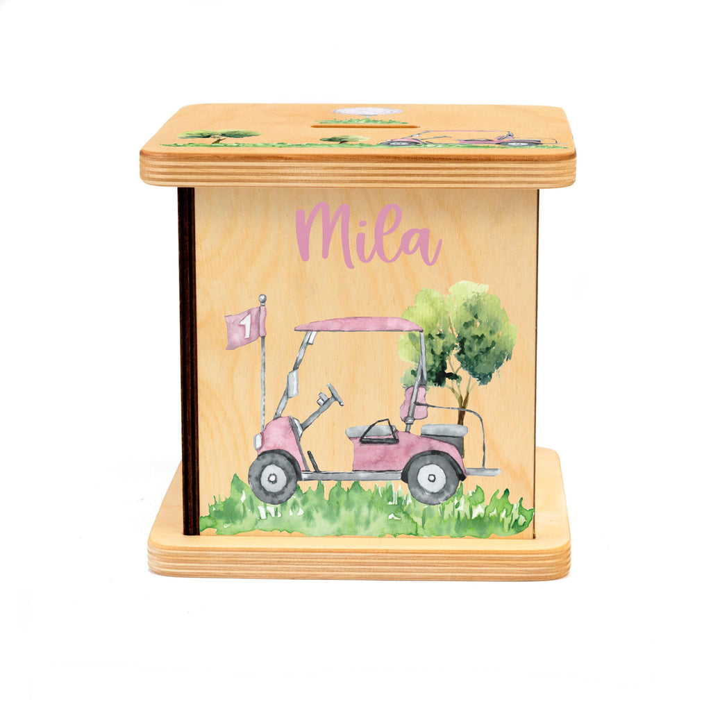a wooden box with a pink scooter painted on it
